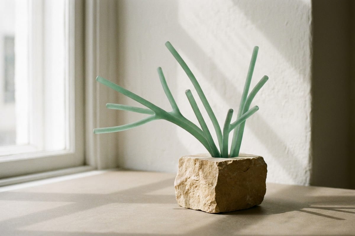 Slender jade glass branches growing outward from a solid limestone block.