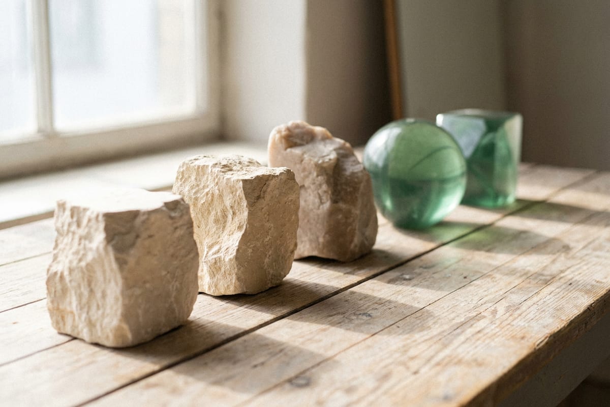 Rough limestone blocks in a row, resolving into smooth jade glass forms.