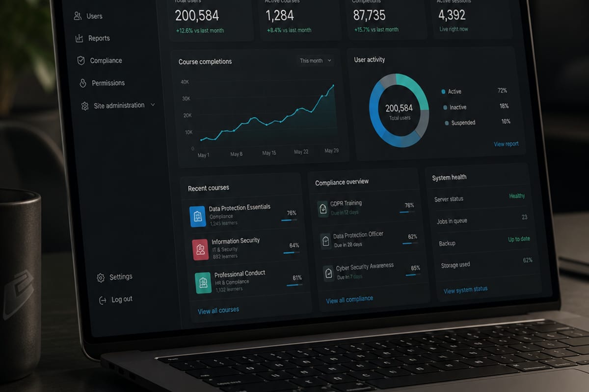 A laptop showing a LearnZone platform-overview dashboard: user totals, course completions, compliance and system status.